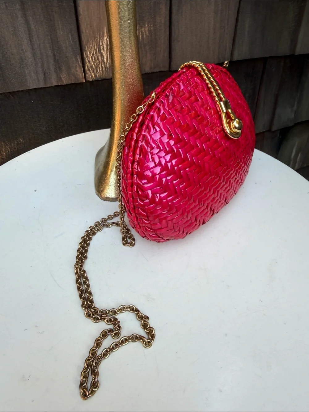 Vintage Vanessa neon pink fuchsia straw bag or clutch with chain strap